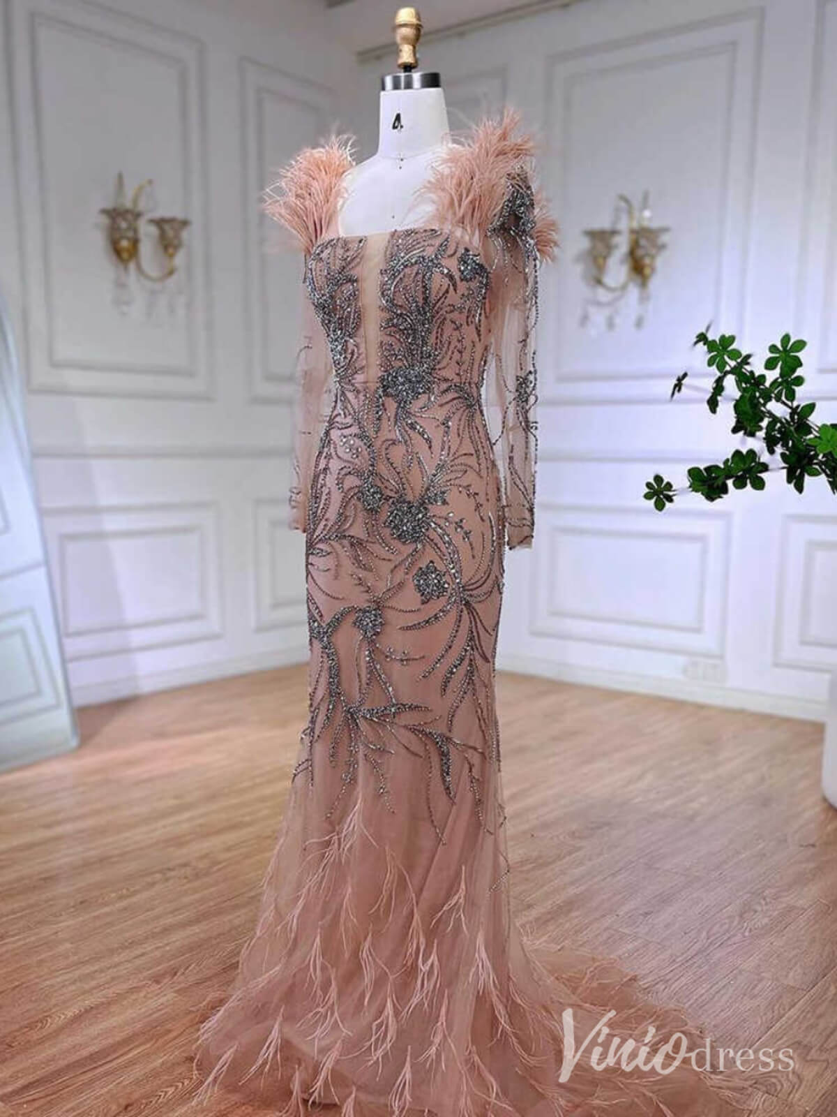 Pink Beaded Lace Mermaid Prom Dresses Feathers Long Sleeve Pageant Dress AD1257 - ViniodressEvening DressesPinkUS 2 - Formal Dresses - Ball Gowns