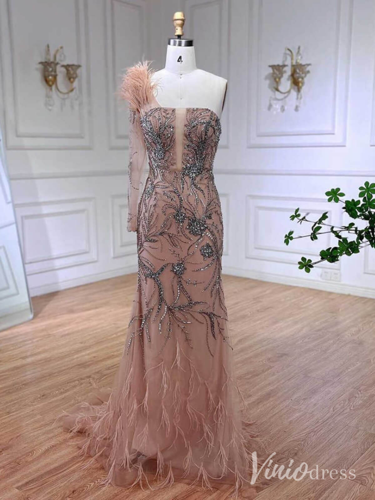 Pink Beaded Lace Mermaid Prom Dresses Feathers Long Sleeve Pageant Dress AD1257 - ViniodressEvening DressesPinkUS 2 - Formal Dresses - Ball Gowns