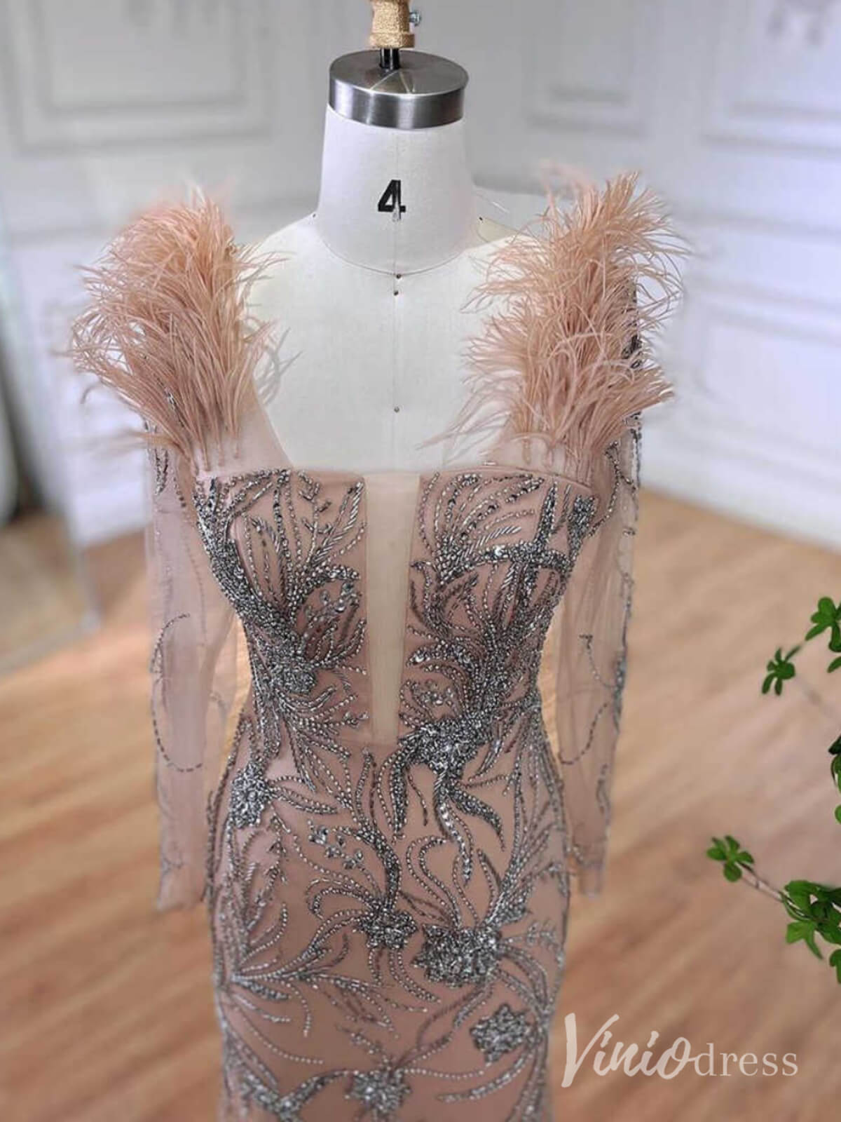 Pink Beaded Lace Mermaid Prom Dresses Feathers Long Sleeve Pageant Dress AD1257 - ViniodressEvening DressesPinkUS 2 - Formal Dresses - Ball Gowns