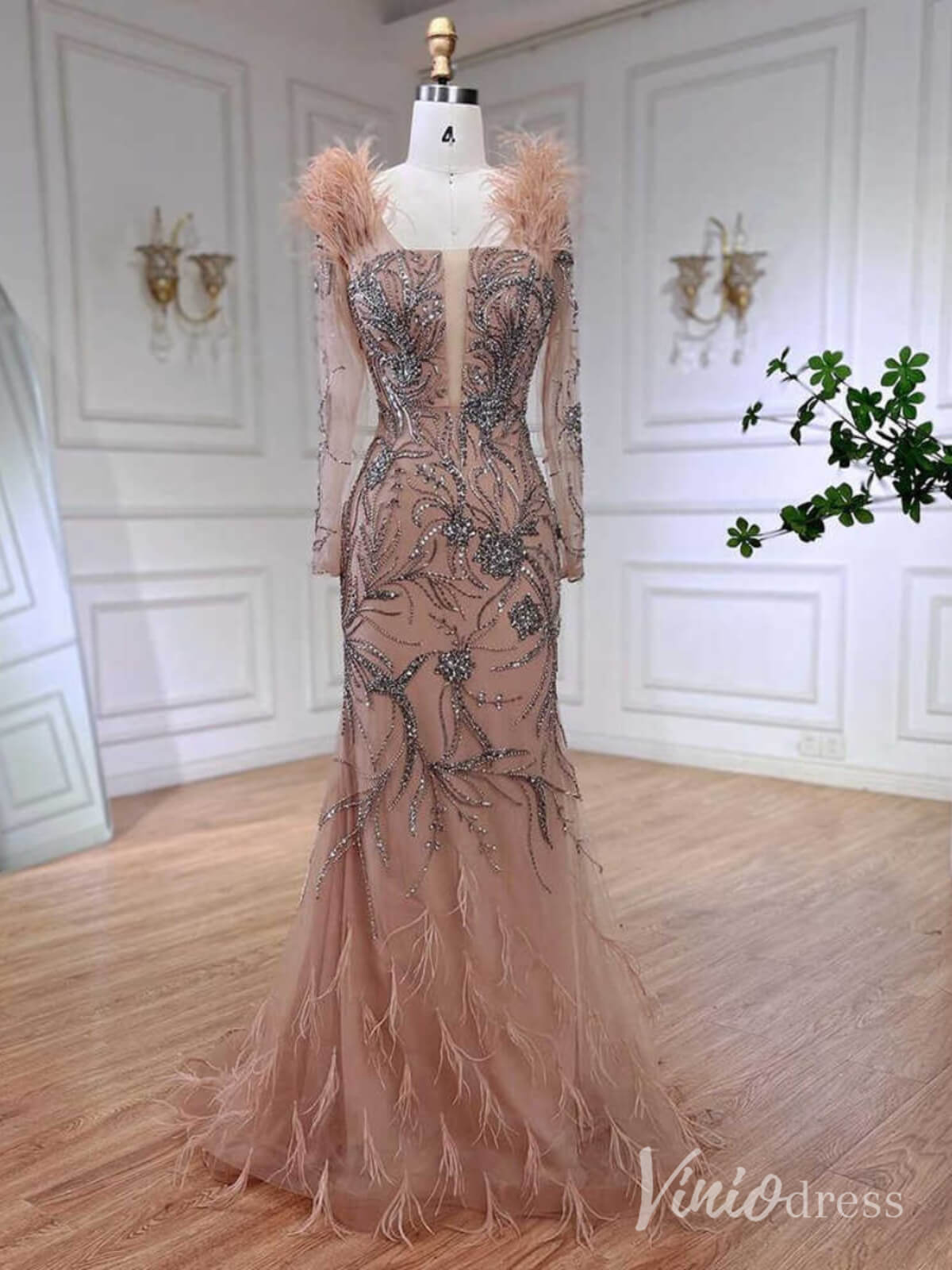 Pink Beaded Lace Mermaid Prom Dresses Feathers Long Sleeve Pageant Dress AD1257 - ViniodressEvening DressesPinkUS 2 - Formal Dresses - Ball Gowns