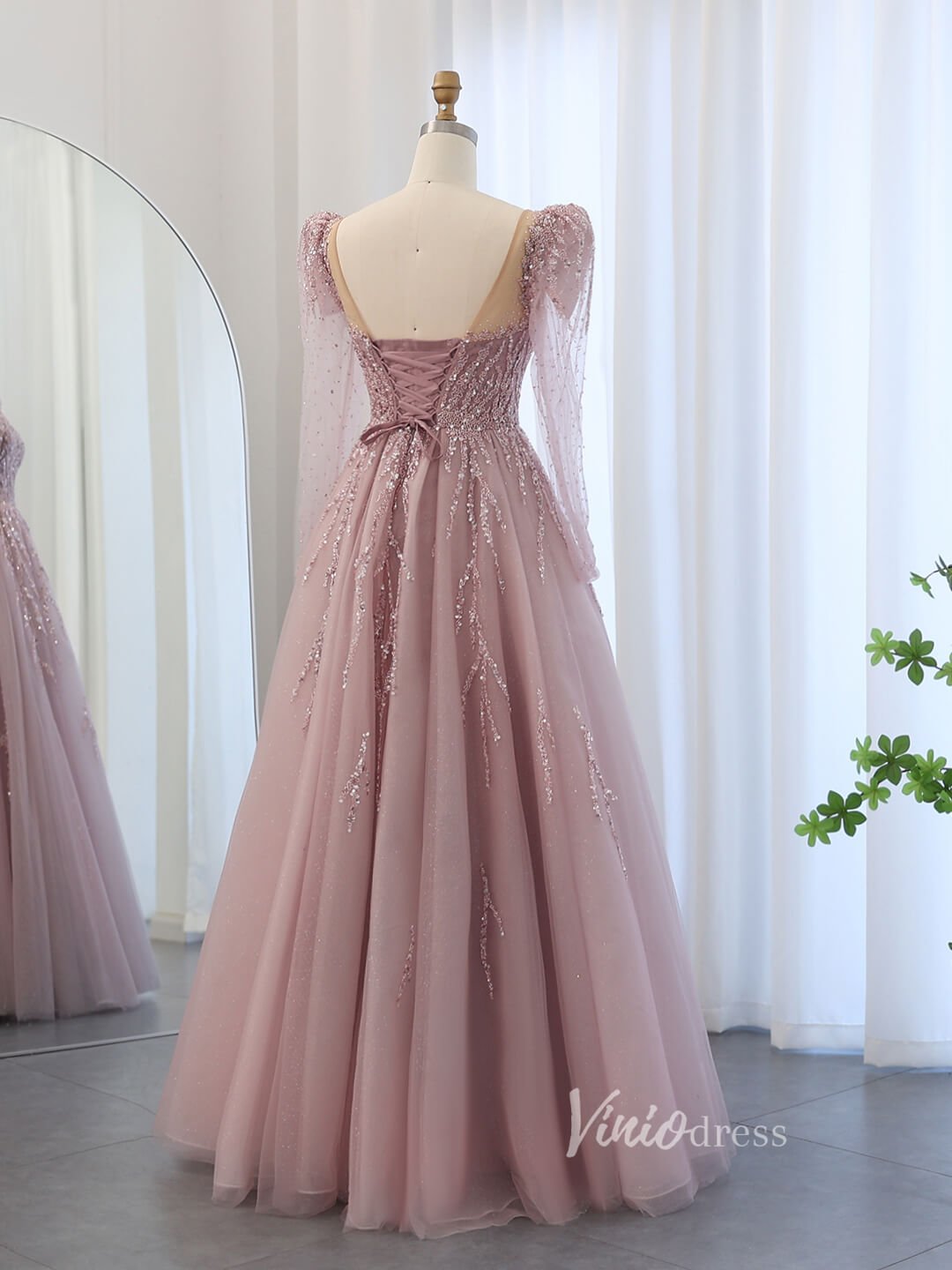 Pink Beaded Lace Prom Dresses Sheer Long Puffed Sleeve Pageant Dress AD1174 - ViniodressEvening DressesPinkUS 2 - Formal Dresses - Ball Gowns