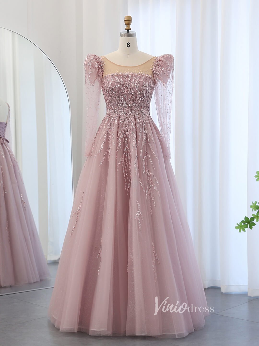 Pink Beaded Lace Prom Dresses Sheer Long Puffed Sleeve Pageant Dress AD1174 - ViniodressEvening DressesPinkUS 2 - Formal Dresses - Ball Gowns