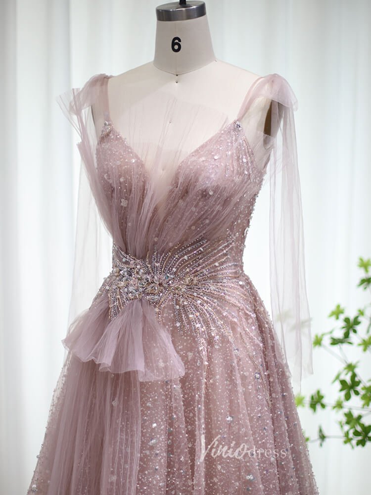 Pink Beaded Shimmer Prom Dresses Dusty Blue Evening Dress 20097 - ViniodressEvening DressesPinkUS 2 - Formal Dresses - Ball Gowns