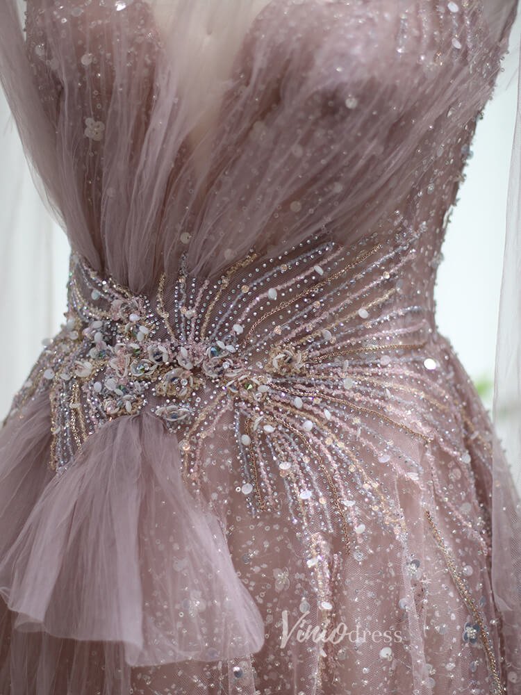 Pink Beaded Shimmer Prom Dresses Dusty Blue Evening Dress 20097 - ViniodressEvening DressesPinkUS 2 - Formal Dresses - Ball Gowns