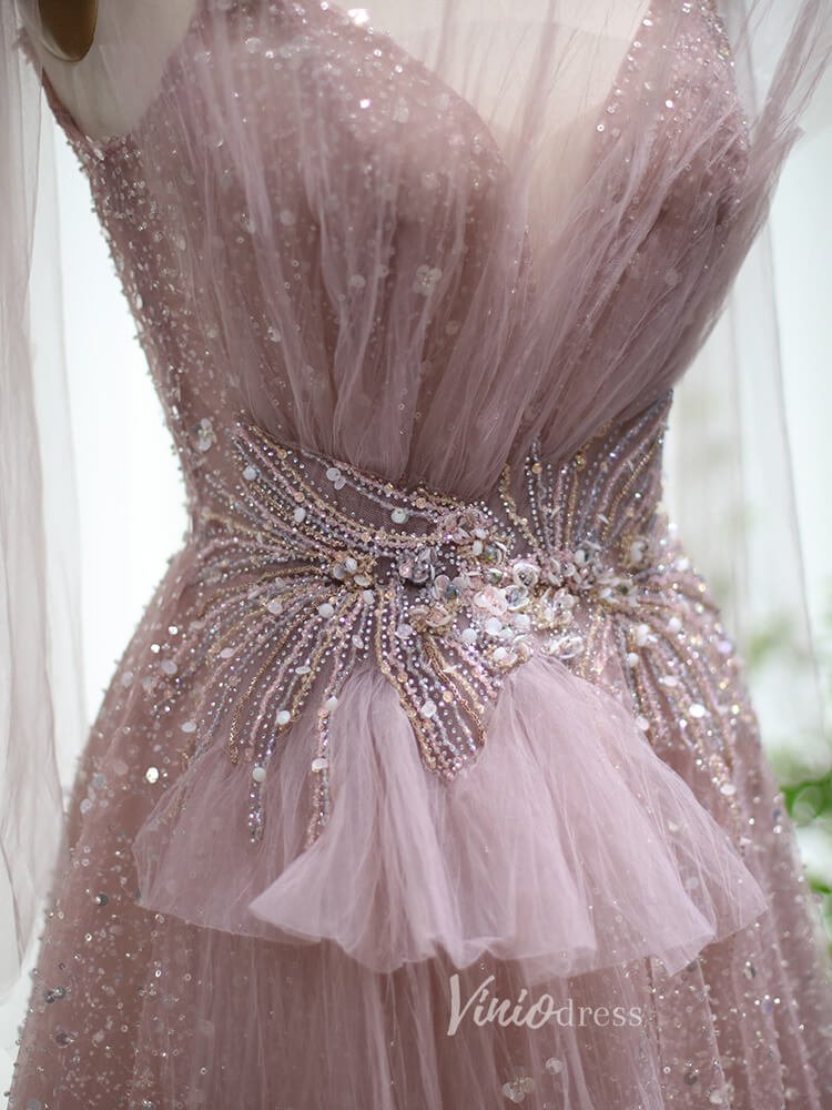 Pink Beaded Shimmer Prom Dresses Dusty Blue Evening Dress 20097 - ViniodressEvening DressesPinkUS 2 - Formal Dresses - Ball Gowns