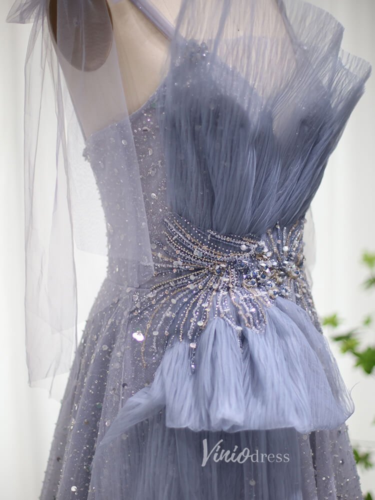 Pink Beaded Shimmer Prom Dresses Dusty Blue Evening Dress 20097 - ViniodressEvening DressesDusty BlueUS 2 - Formal Dresses - Ball Gowns