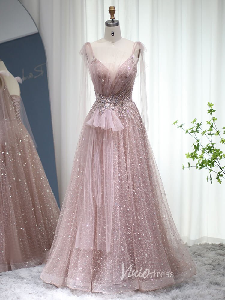 Pink Beaded Shimmer Prom Dresses Dusty Blue Evening Dress 20097 - ViniodressEvening DressesPinkUS 2 - Formal Dresses - Ball Gowns