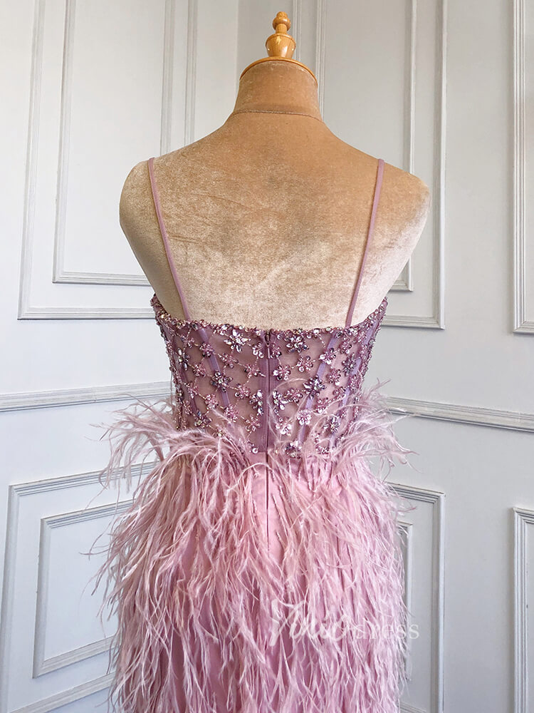 Prom Dress 2025 Pink Feather Prom Dresses with Slit Spaghetti Strap Sheath Pageant Dress 20039-unique prom dresses-Dusty Blue-US 2-Viniodress