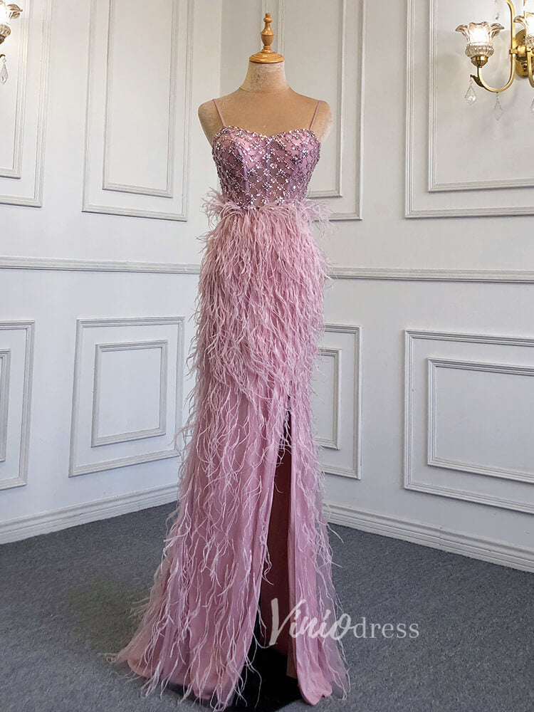 Prom Dress 2025 Pink Feather Prom Dresses with Slit Spaghetti Strap Sheath Pageant Dress 20039-unique prom dresses-Pink-US 2-Viniodress