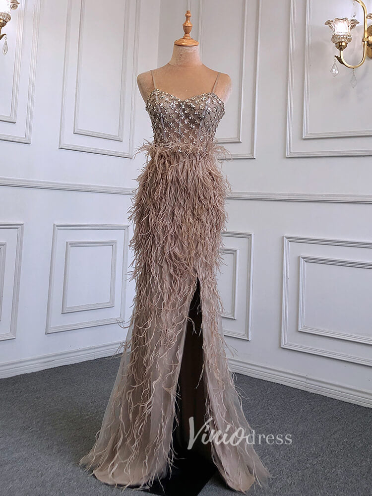 Prom Dress 2025 Pink Feather Prom Dresses with Slit Spaghetti Strap Sheath Pageant Dress 20039-unique prom dresses-Taupe-US 2-Viniodress