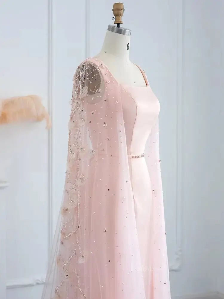 Pink Floral Prom Dresses Beaded Cape Sleeves Square Neck Sheath Formal Dresses 20084 - ViniodressEvening DressesPinkUS 2 - Formal Dresses - Ball Gowns