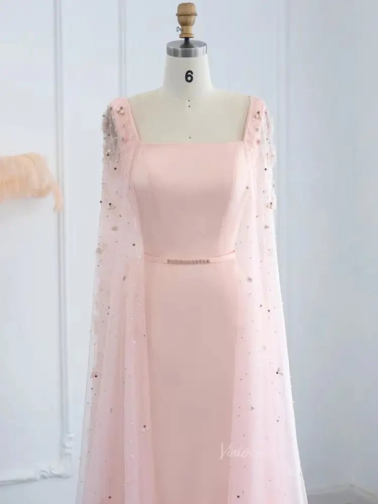 Pink Floral Prom Dresses Beaded Cape Sleeves Square Neck Sheath Formal Dresses 20084 - ViniodressEvening DressesPinkUS 2 - Formal Dresses - Ball Gowns