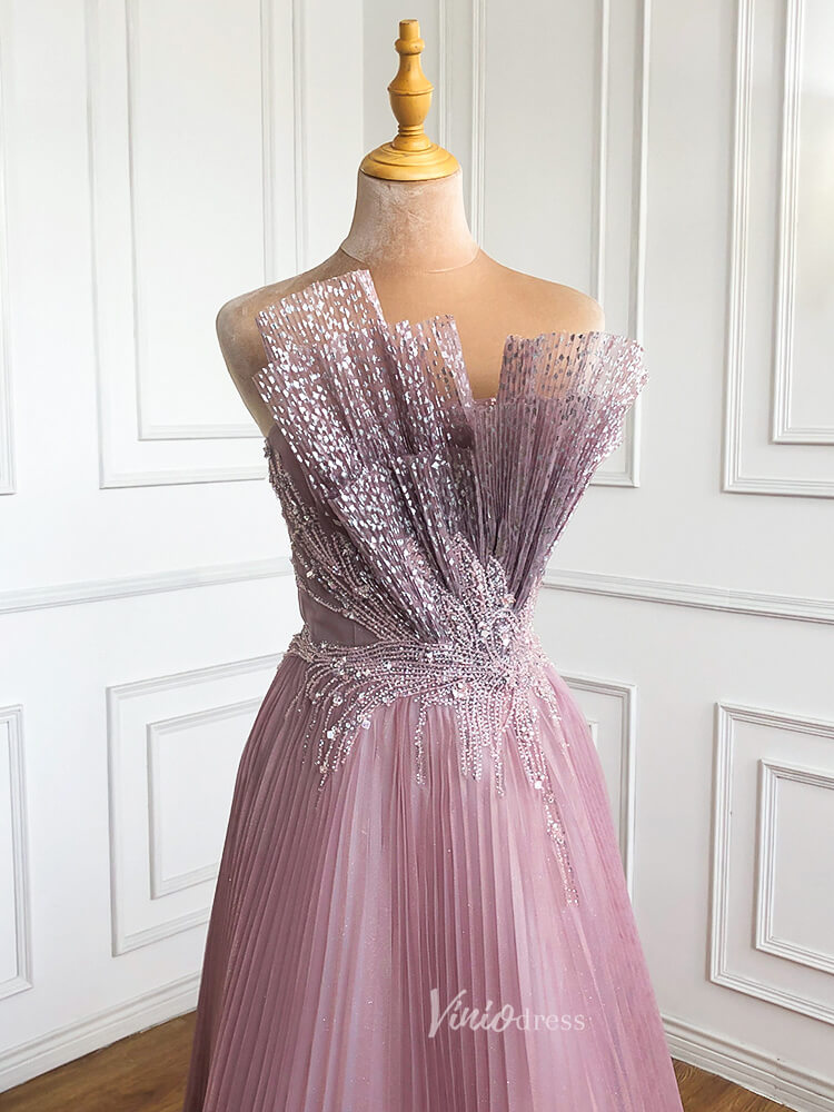 Prom Dress 2025 Pink Pleated Tulle Prom Dresses Strapless Beaded Evening Gowns 20047-unique prom dresses-Pink-US 2-Viniodress