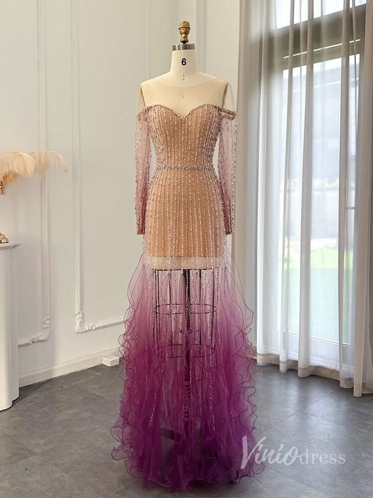 Purple Beaded Sheer Prom Dresses Sheath Long Sleeve Pageant Dress AD1177 - ViniodressEvening DressesPurpleUS 2 - Formal Dresses - Ball Gowns