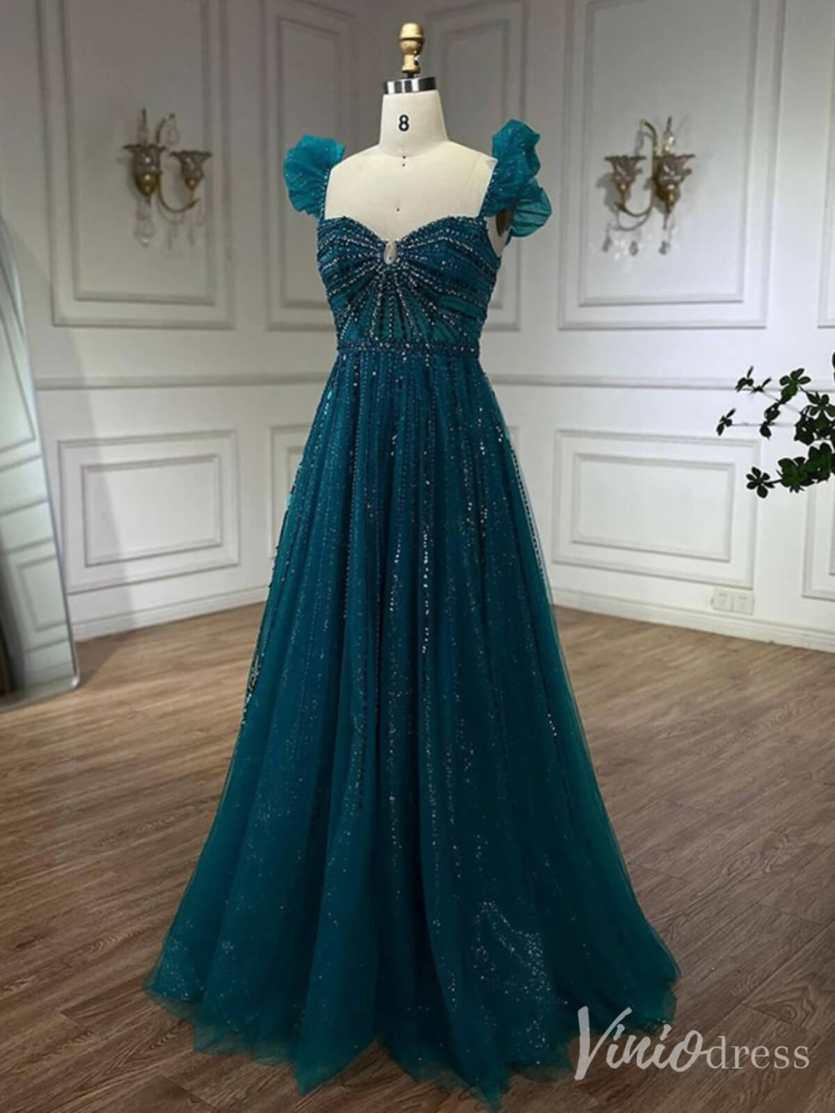 Radiant Beaded Spaghetti Strap Prom Dresses Sparkly Tulle Formal Gown 20216 - ViniodressEvening DressesTealUS 2 - Formal Dresses - Ball Gowns