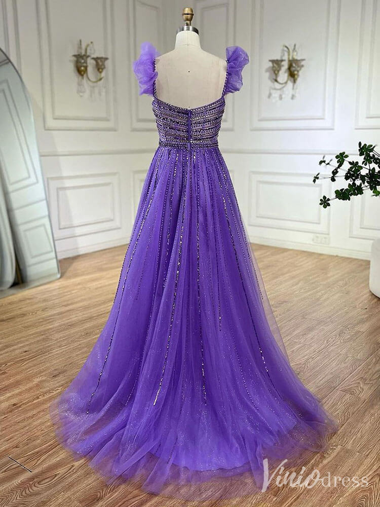 Radiant Beaded Spaghetti Strap Prom Dresses Sparkly Tulle Formal Gown 20216 - ViniodressEvening DressesPurpleUS 2 - Formal Dresses - Ball Gowns