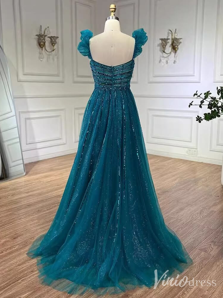 Radiant Beaded Spaghetti Strap Prom Dresses Sparkly Tulle Formal Gown 20216 - ViniodressEvening DressesTealUS 2 - Formal Dresses - Ball Gowns