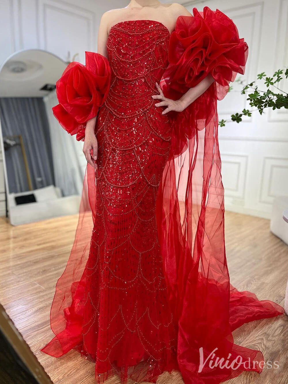 Red Beaded Mermaid Prom Dresses with Rosette Flower Cape Sleeves Formal Dresses 20219 - ViniodressEvening DressesDark RedUS 2 - Formal Dresses - Ball Gowns