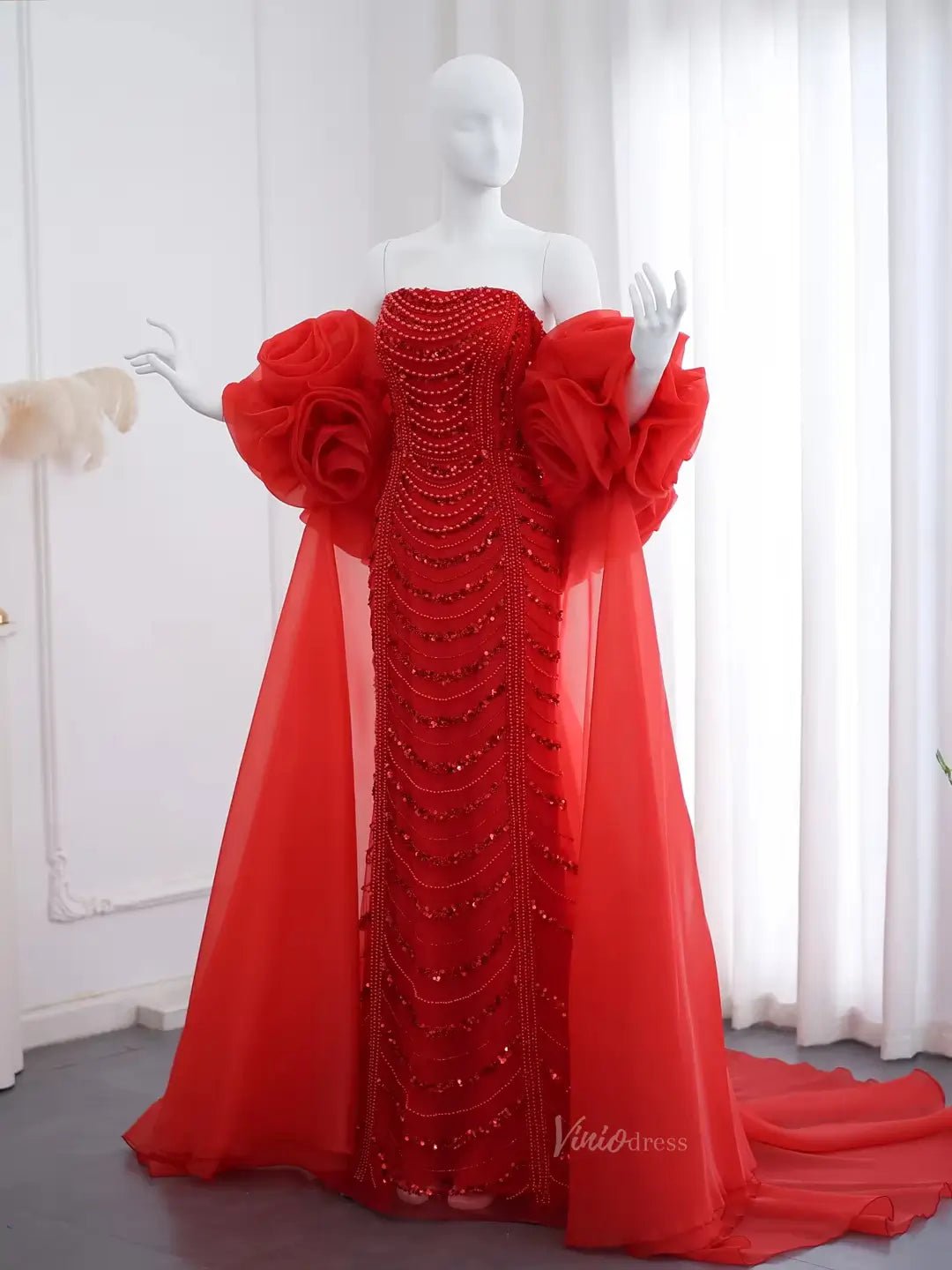 Red Beaded Mermaid Prom Dresses with Rosette Flower Cape Sleeves Formal Dresses 20219 - ViniodressEvening DressesRedUS 2 - Formal Dresses - Ball Gowns