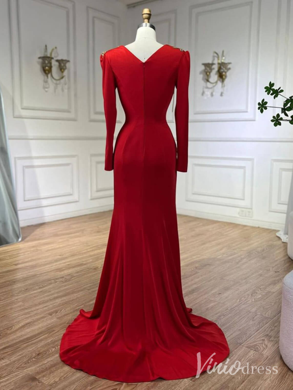 Red Long Sleeve Satin Mother of the Bride Dress Beaded Lace V - Neck Prom Dresses AD1243 - ViniodressEvening DressesRedUS 2 - Formal Dresses - Ball Gowns