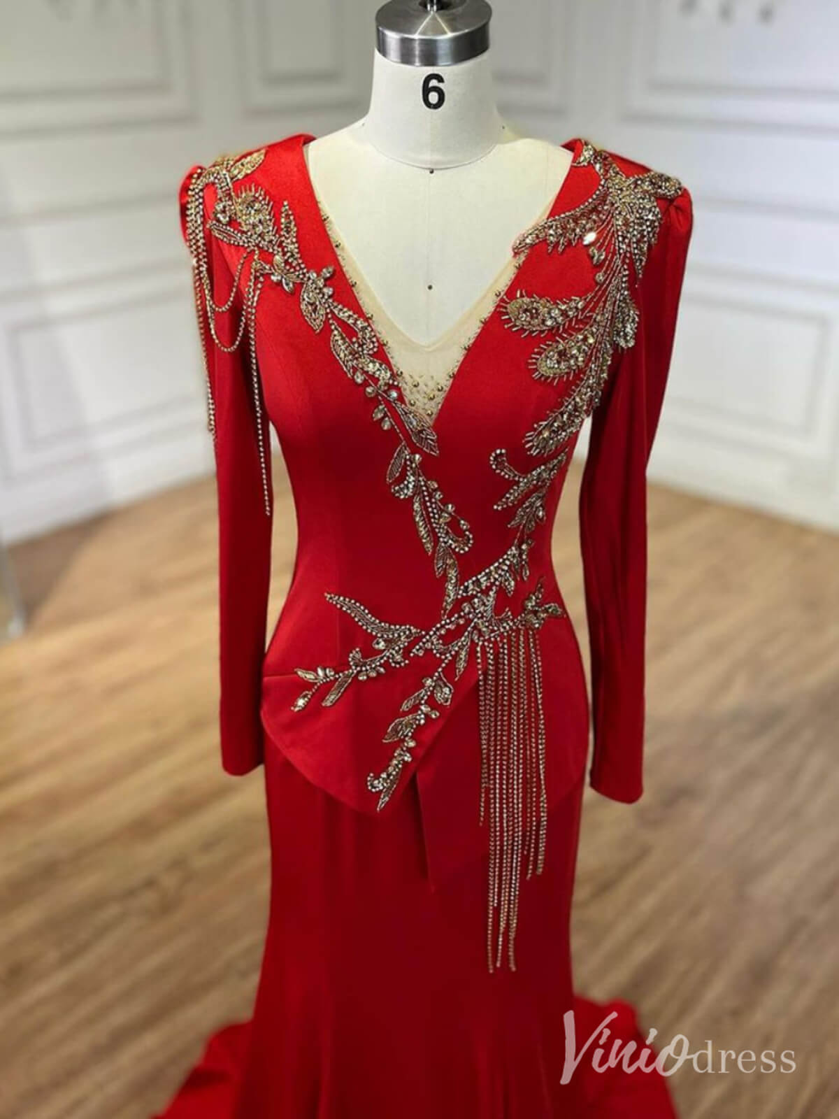 Red Long Sleeve Satin Mother of the Bride Dress Beaded Lace V - Neck Prom Dresses AD1243 - ViniodressEvening DressesRedUS 2 - Formal Dresses - Ball Gowns