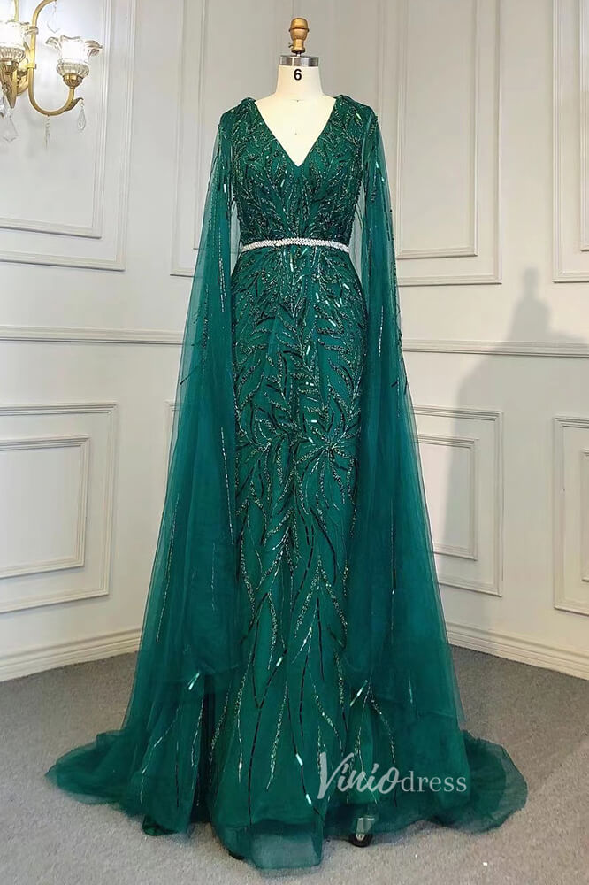 Prom Dress 2025 Removable Cape Formal Dresses Beaded Mermaid Pageant Dress FD3001-unique prom dresses-Champagne-US 2-Viniodress