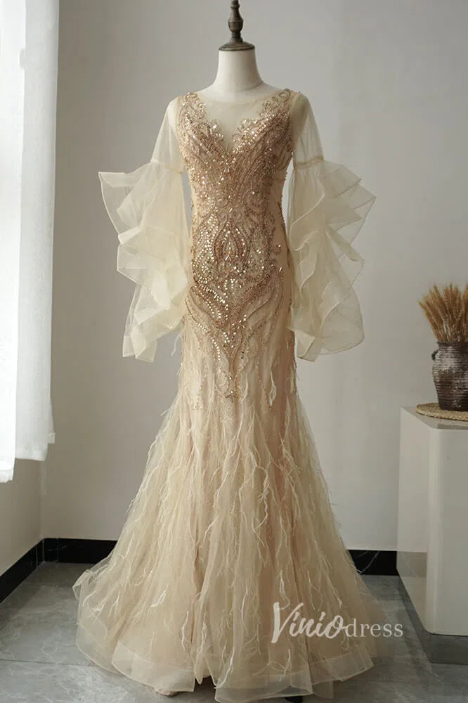 Prom Dress 2025 Ruffle Sleeve 20s Evening Dress Beaded Feather Formal Dress FD2478-unique prom dresses-Champagne-US 2-Viniodress