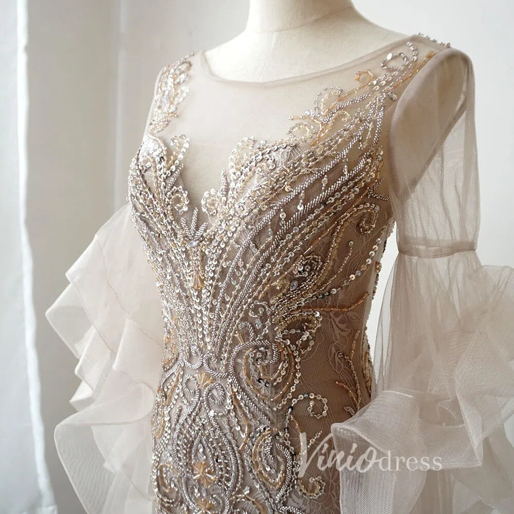 Prom Dress 2025 Ruffle Sleeve 20s Evening Dress Beaded Feather Formal Dress FD2478-unique prom dresses-Taupe-US 2-Viniodress