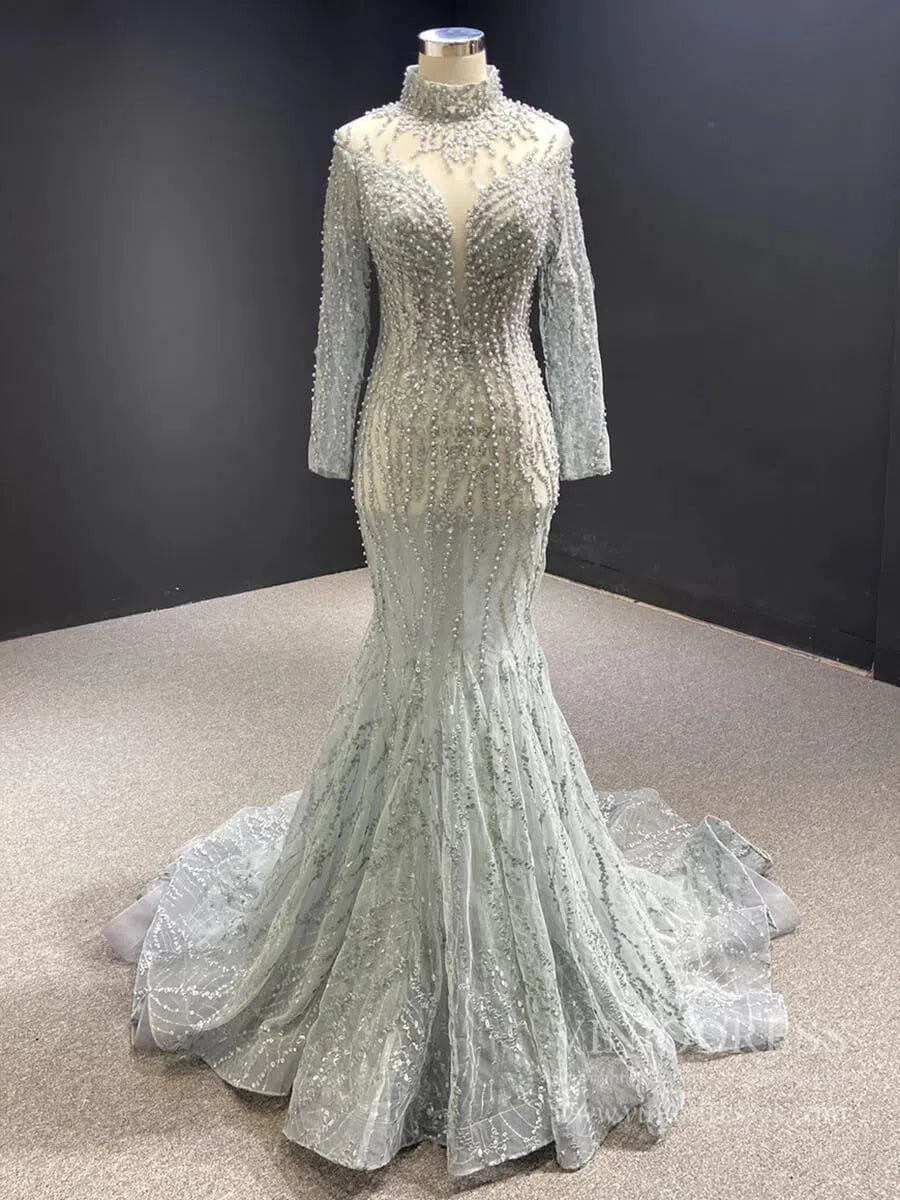 Sexy See Through Mermaid Wedding Dresses with Long Sleeves 67140-wedding dresses-Viniodress-Grey-Custom Size-Viniodress