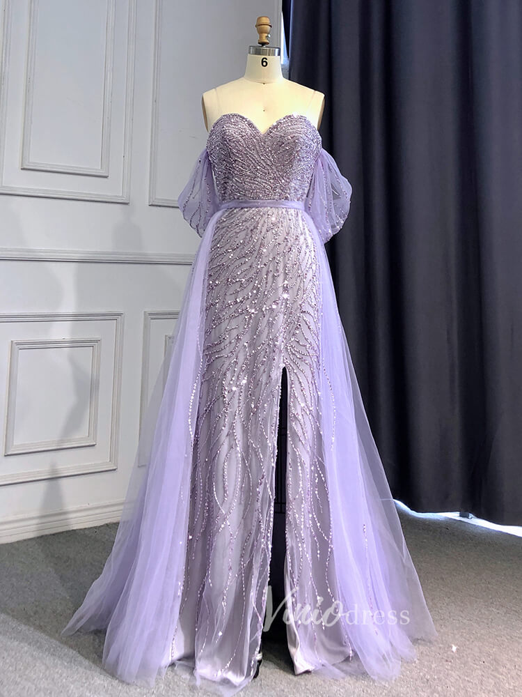 Prom Dress 2025 Sheath Beaded Prom Dresses with Slit Overskirt Evening Dress 20014-unique prom dresses-Lavender-US 2-Viniodress