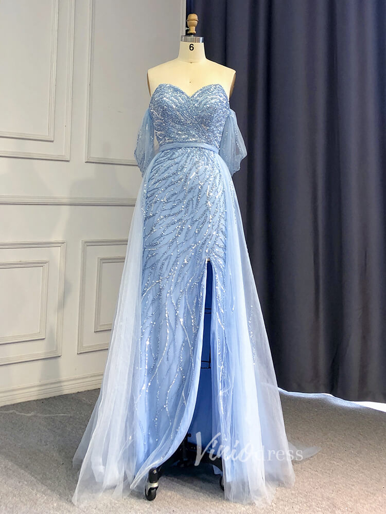 Prom Dress 2025 Sheath Beaded Prom Dresses with Slit Overskirt Evening Dress 20014-unique prom dresses-Light Blue-US 2-Viniodress