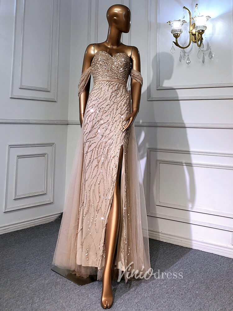 Prom Dress 2025 Sheath Beaded Prom Dresses with Slit Overskirt Evening Dress 20014-unique prom dresses-Taupe-US 2-Viniodress