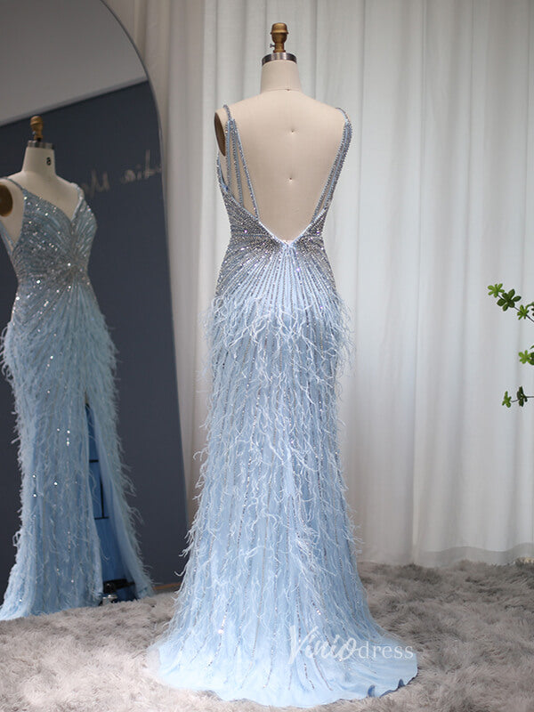 Prom Dress 2025 Spaghetti Strap Sheath Prom Dress Beaded Feather 20s Evening Dress FD2477-unique prom dresses-Light Blue-US 2-Viniodress