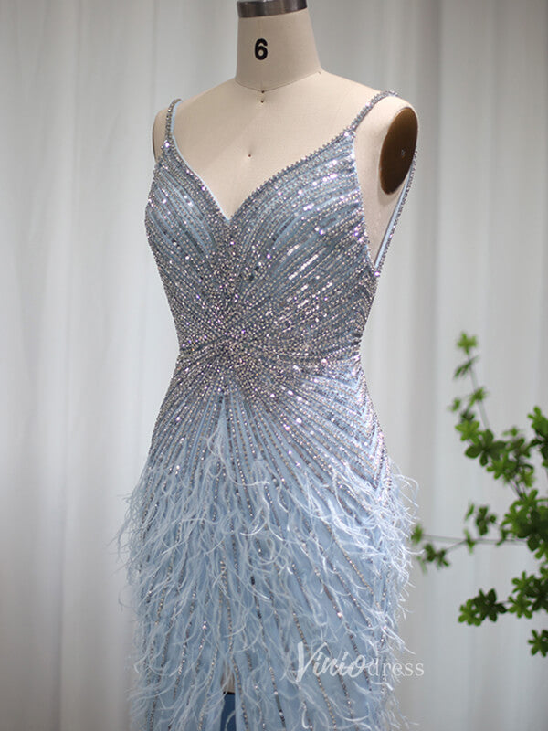 Prom Dress 2025 Spaghetti Strap Sheath Prom Dress Beaded Feather 20s Evening Dress FD2477-unique prom dresses-Light Blue-US 2-Viniodress