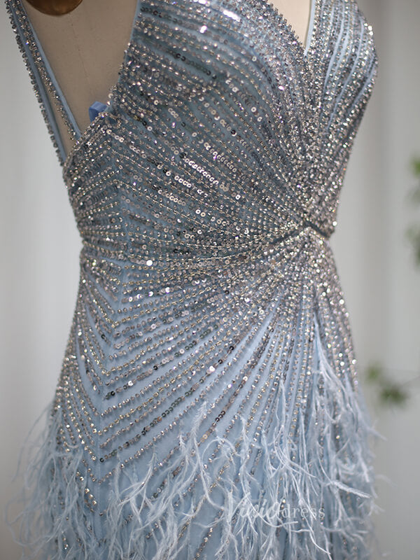 Prom Dress 2025 Spaghetti Strap Sheath Prom Dress Beaded Feather 20s Evening Dress FD2477-unique prom dresses-Light Blue-US 2-Viniodress