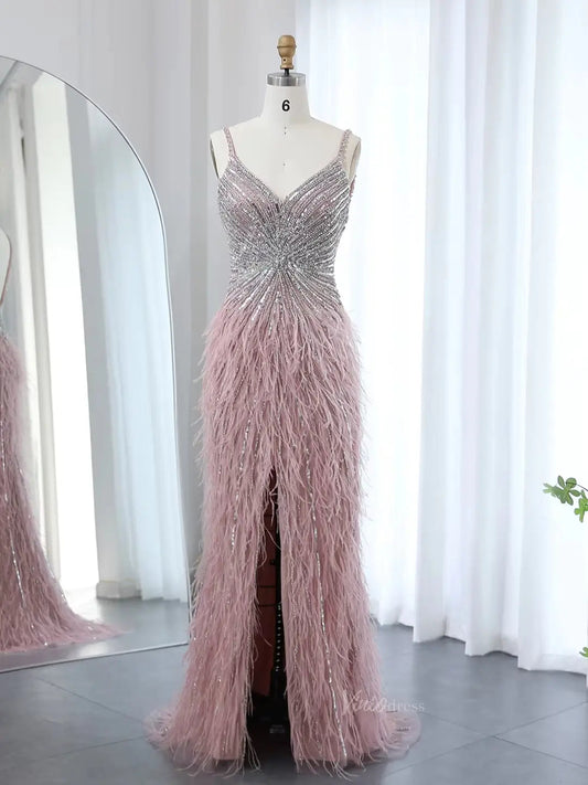 prom dresses 2025 Sheath Feather Prom Dresses with Slit Beaded 20s Evening Dresses FD2477-plus size wedding dresses Viniodress-Pink-US 2-