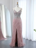 prom dresses 2025 Sheath Feather Prom Dresses with Slit Beaded 20s Evening Dresses FD2477-plus size wedding dresses Viniodress-Pink-US 2-