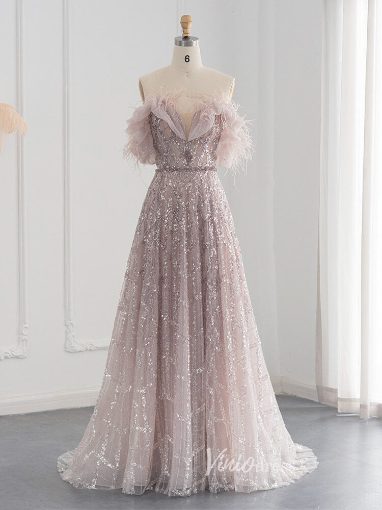 Prom Dress 2025 Shimmer Beaded Lace Prom Dresses Off the Shoulder Evening Dress 20082-unique prom dresses-Pink-US 2-Viniodress