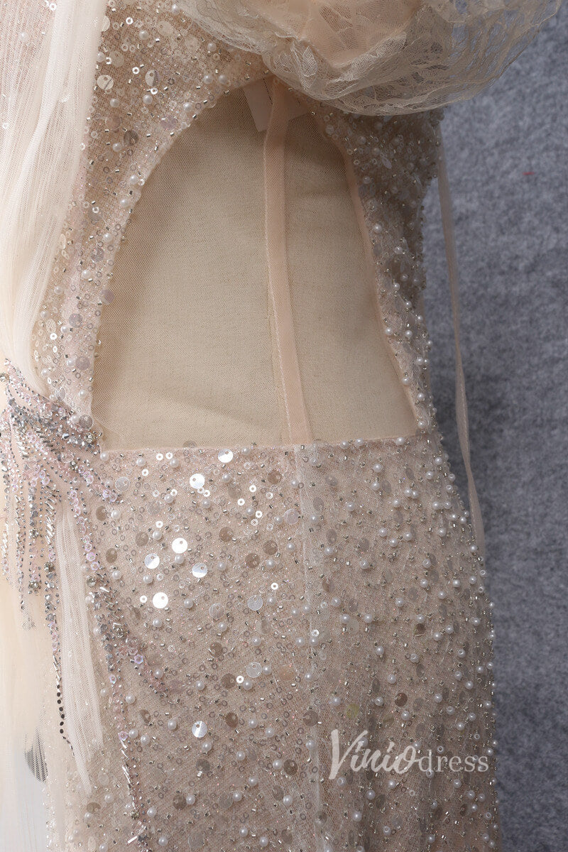 Prom Dress 2025 Short Puff Sleeve Beaded Champagne Prom Dresses with Fan FD2613-unique Prom Dresses-Champagne-US2-Viniodress