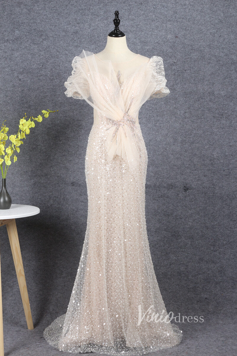 Prom Dress 2025 Short Puff Sleeve Beaded Champagne Prom Dresses with Fan FD2613-unique Prom Dresses-Champagne-US2-Viniodress