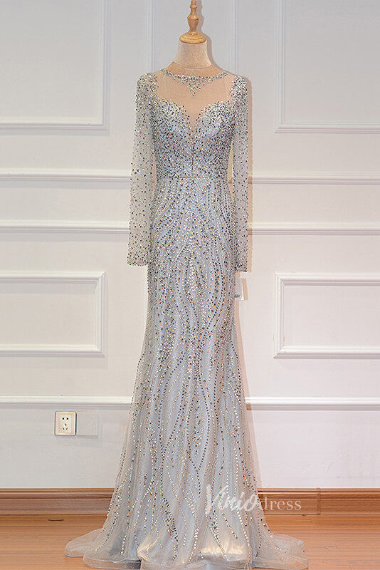 Prom Dress 2025 Silver Beaded Long Sleeve Evening Dresses Mermaid Boat Neck Pageant Dress FD3013-unique prom dresses-Silver-US 2-Viniodress