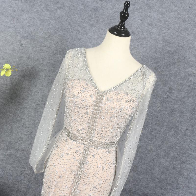 Prom Dress 2025 Silver Beaded Prom Dresses V-neck Long Sleeve Evening Dress FD2611-unique Prom Dresses-Champagne-US2-Viniodress