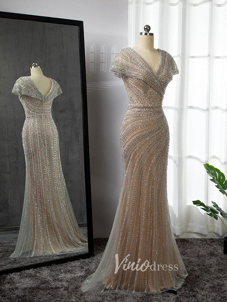 Prom Dress 2025 Silver Beaded Prom Dressses V-neck Cap Sleeve Sheath Evening Dress 20001-unique prom dresses-Champagne-US 2-Viniodress