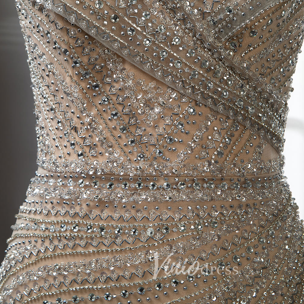 Prom Dress 2025 Silver Beaded Prom Dressses V-neck Cap Sleeve Sheath Evening Dress 20001-unique prom dresses-Champagne-US 2-Viniodress