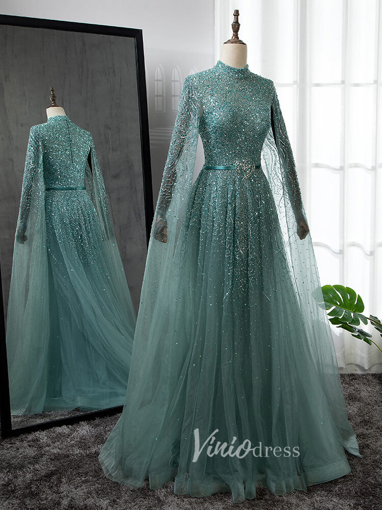 Prom Dress 2025 Sky Blue Beaded Evening Dresses Extra Long Sleeve High Neck Pageant Dress FD3017-unique prom dresses-Blue-US 2-Viniodress