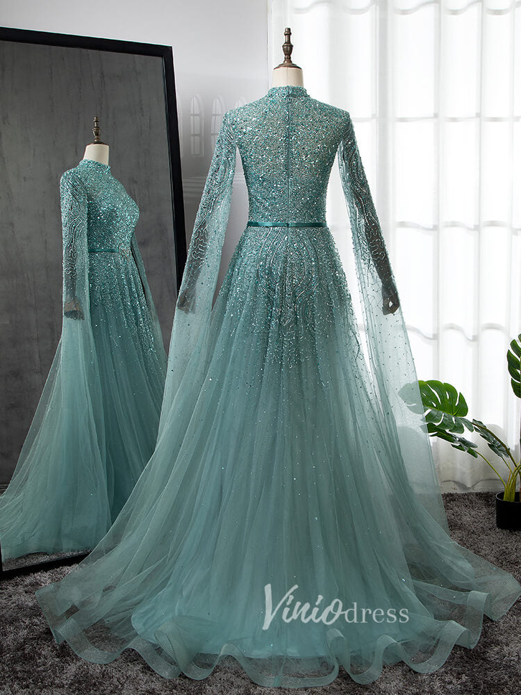 Prom Dress 2025 Sky Blue Beaded Evening Dresses Extra Long Sleeve High Neck Pageant Dress FD3017-unique prom dresses-Blue-US 2-Viniodress