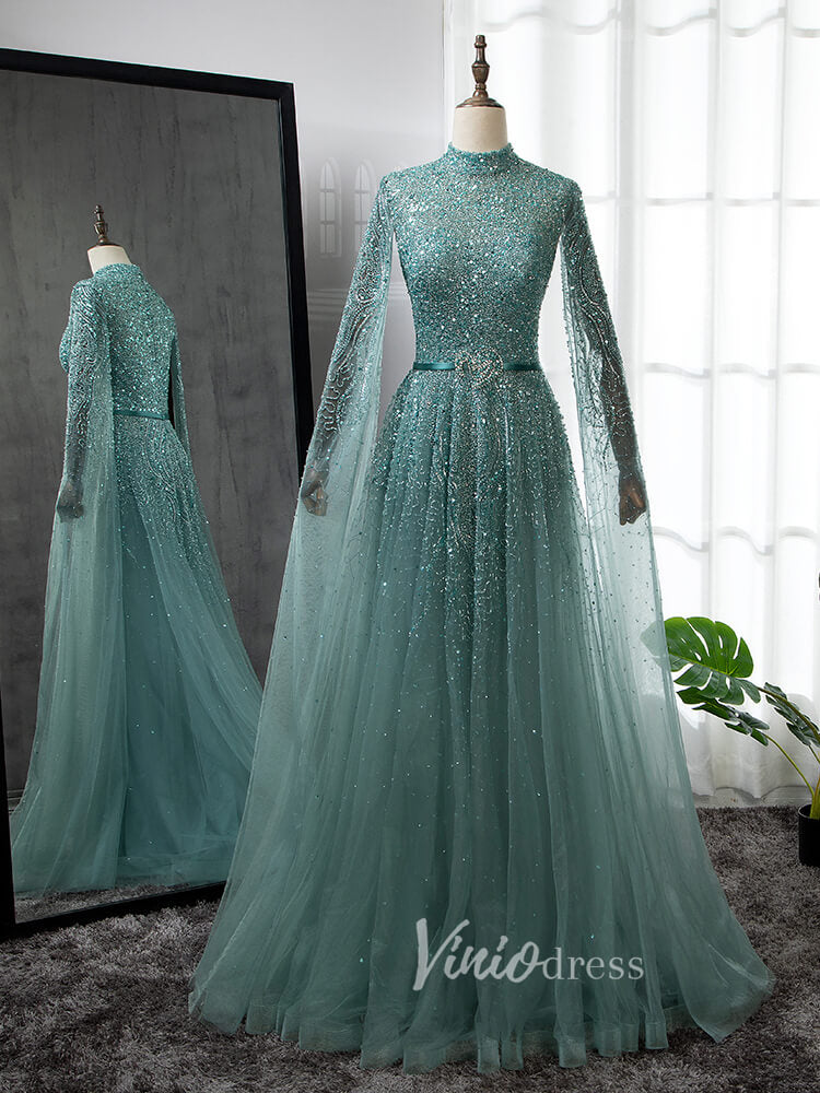 Prom Dress 2025 Sky Blue Beaded Evening Dresses Extra Long Sleeve High Neck Pageant Dress FD3017-unique prom dresses-Green-US 2-Viniodress