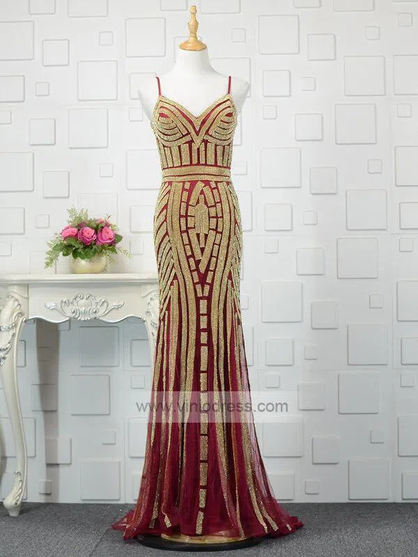 Prom Dress 2025 Spaghetti Strap Gold Beaded Prom Dresses Mermaid Formal Dress FD1372-unique prom dresses-Burgundy-Custom Size-Viniodress