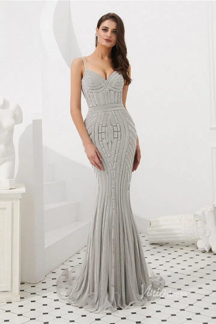 Prom Dress 2025 Spaghetti Strap Gold Beaded Prom Dresses Mermaid Formal Dress FD1372-unique prom dresses-Silver-Custom Size-Viniodress