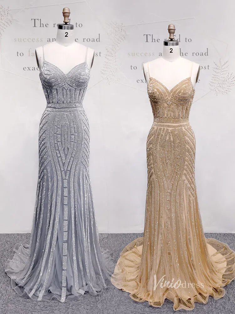 Prom Dress 2025 Spaghetti Strap Gold Beaded Prom Dresses Mermaid Formal Dress FD1372-unique prom dresses-Silver-Custom Size-Viniodress